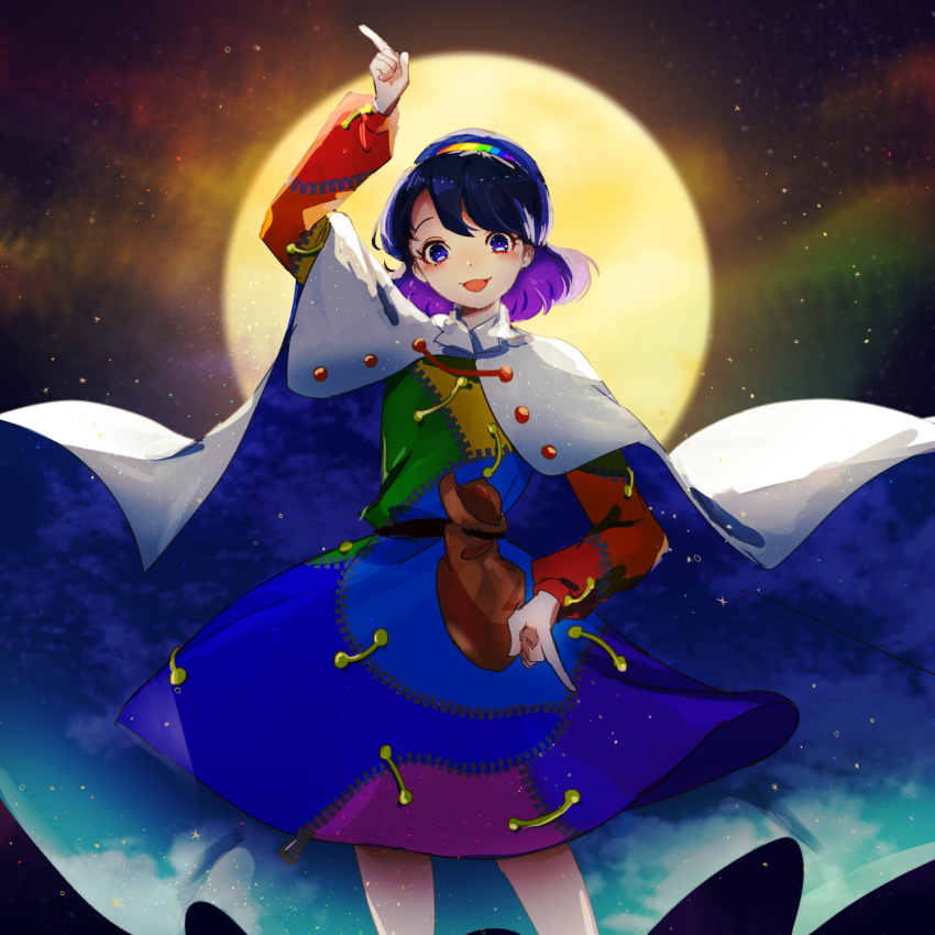 1girl bangs blue_eyes blue_hair cake_mogo cape commentary dress highres long_sleeves looking_at_viewer moon multicolored_clothes multicolored_dress multicolored_hairband open_mouth patchwork_clothes pointing pointing_down pointing_up rainbow_gradient red_button short_hair sky_print smile solo symbol-only_commentary tenkyuu_chimata touhou two-sided_cape two-sided_fabric white_cape
