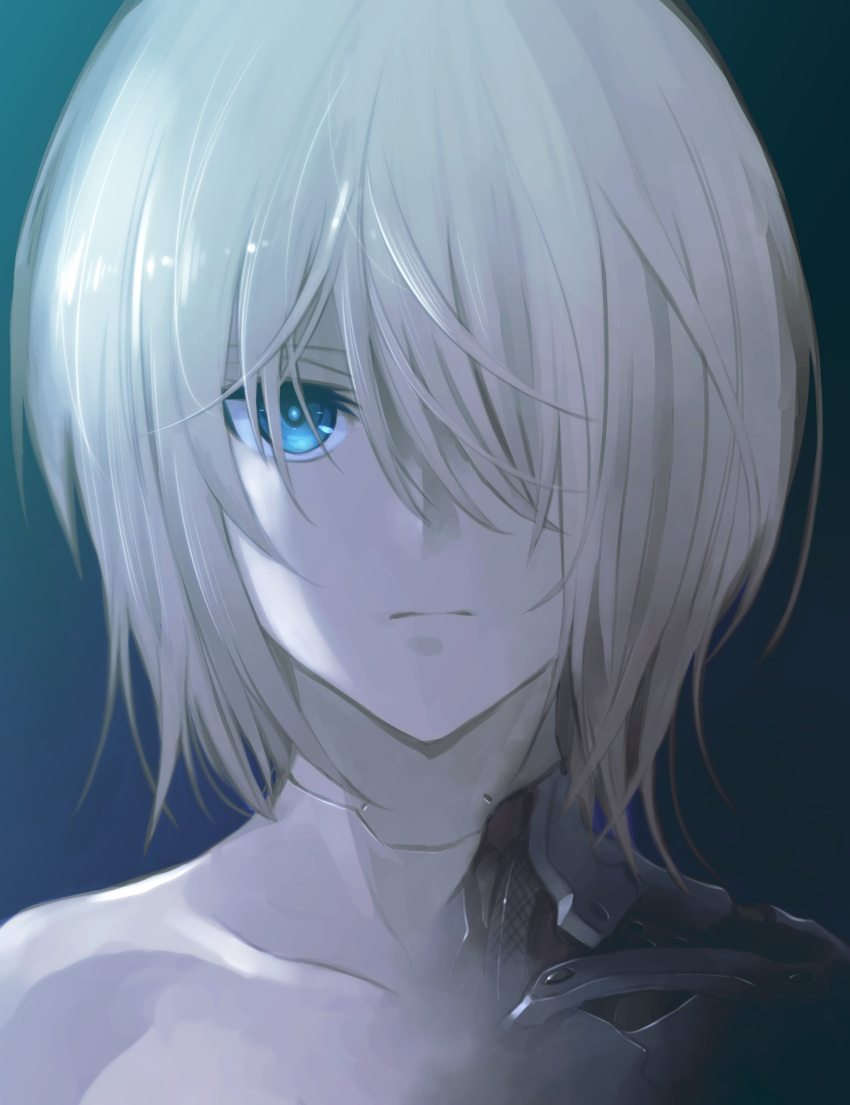 1girl absurdres android bare_shoulders blue_eyes collarbone expressionless hair_over_one_eye highres ishiyumi looking_at_viewer mechanical_buddy_universe mechanical_parts momdroid_(mechanical_buddy_universe) short_hair