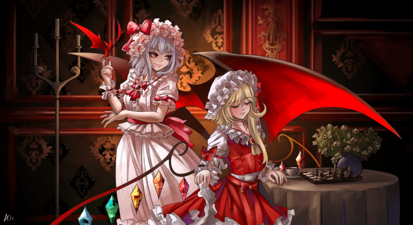 2girls a-xii ascot bat_wings blonde_hair blue_hair brooch chessboard dark dress flandre_scarlet frilled_shirt_collar frills hat hat_ribbon highres indoors jewelry mob_cap multiple_girls nail_polish puffy_short_sleeves puffy_sleeves red_eyes red_nails red_ribbon red_skirt remilia_scarlet ribbon short_hair short_sleeves siblings sisters skirt skirt_set touhou wings wrist_cuffs