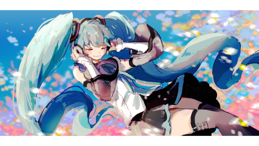 1girl aqua_hair aqua_necktie black_legwear black_skirt blue_background cake_mogo closed_eyes detached_sleeves english_commentary eyebrows_visible_through_hair feet_out_of_frame hands_on_headphones hatsune_miku hatsune_miku_(nt) headphones long_hair necktie shirt skirt sleeveless sleeveless_shirt solo thigh-highs very_long_hair vocaloid white_shirt