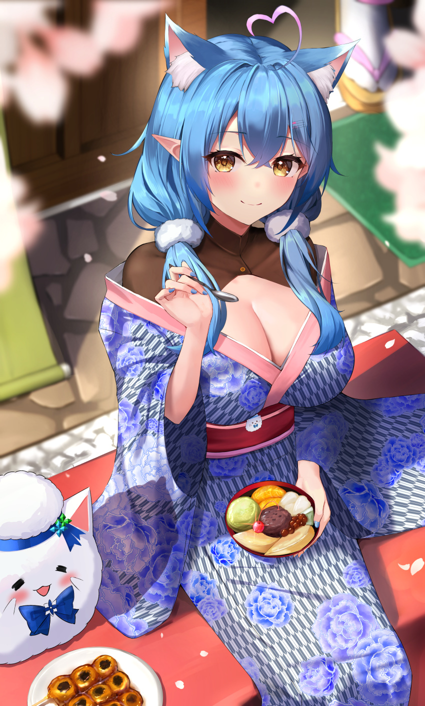 1girl absurdres animal_ears bangs blue_hair blue_nails blurry blurry_background blush breasts cat_ears closed_mouth extra_ears eyebrows_visible_through_hair floral_print food hair_between_eyes hand_up highres holding holding_plate holding_spoon hololive japanese_clothes kimono large_breasts long_hair looking_at_viewer multicolored_hair nail_polish obi plate pointy_ears print_kimono sash sitting smile solo_focus spoon streaked_hair suiran_(liquiddoes) twintails virtual_youtuber yellow_eyes yukihana_lamy yukimin_(yukihana_lamy)