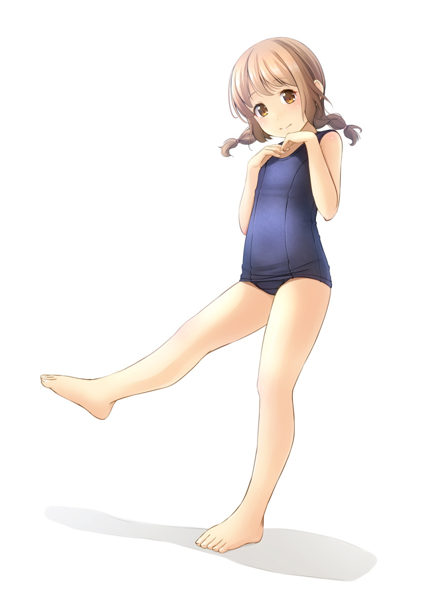 1girl bangs bare_arms bare_legs bare_shoulders barefoot blue_swimsuit braid brown_eyes brown_hair closed_mouth commentary_request eyebrows_visible_through_hair full_body hands_up highres long_hair looking_at_viewer low_twintails old_school_swimsuit one-piece_swimsuit original school_swimsuit shadow shibacha smile solo standing standing_on_one_leg swimsuit twin_braids twintails white_background