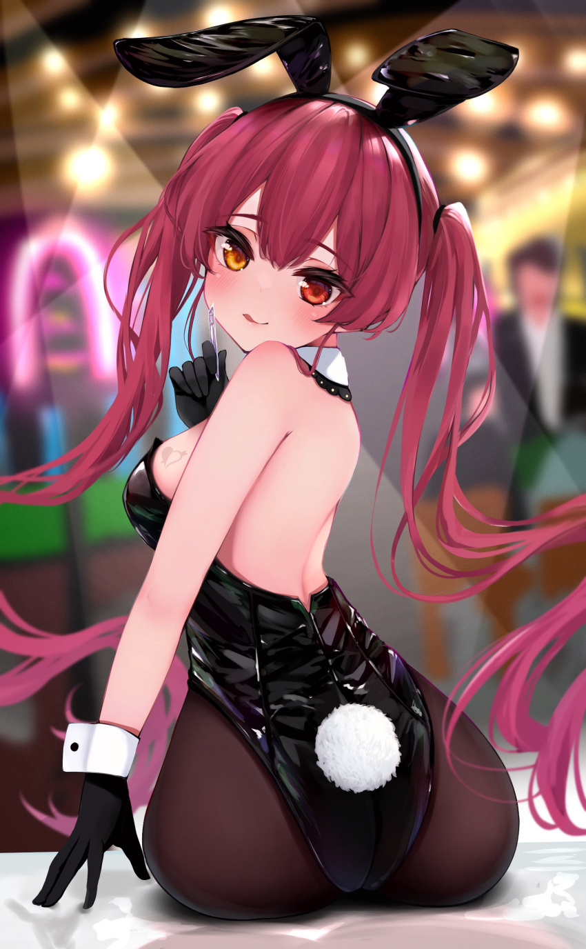 1girl :q absurdres animal_ears ass bangs bare_shoulders black_gloves black_hairband black_leotard blurry blurry_background blush breast_tattoo breasts brown_legwear closed_mouth fake_animal_ears from_behind gloves hairband heart heart_tattoo highres holding hololive houshou_marine indoors kohe_billialot leotard long_hair looking_at_viewer looking_back medium_breasts pantyhose playboy_bunny rabbit_ears rabbit_tail red_eyes redhead smile solo_focus tail tattoo tongue tongue_out twintails very_long_hair virtual_youtuber yellow_eyes