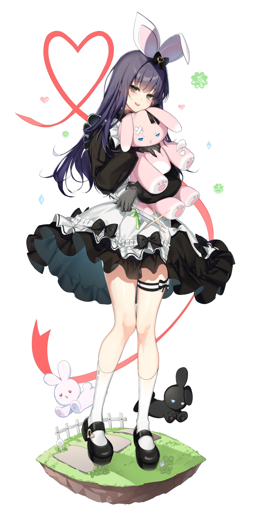 1girl :d absurdres animal_ears apron black_bow black_dress black_footwear black_rabbit_(animal) blue_hair bow closers clover crystal dandelion dark_blue_hair dress eunha_(closers) fake_animal_ears fence flower four-leaf_clover frilled_apron frilled_dress frills full_body glint gloves green_eyes grey_gloves hair_bow heart highres holding holding_knife holding_stuffed_toy kneehighs knees_together_feet_apart knife long_hair long_sleeves looking_at_viewer mary_janes object_hug official_art on_grass puffy_long_sleeves puffy_sleeves rabbit_ears red_ribbon ribbon shoes short_dress smile socks solo standing stepping_stones stuffed_animal stuffed_bunny stuffed_toy tachi-e teeth thigh_bow thigh_strap upper_teeth_only white_apron white_background white_rabbit_(animal) white_socks wooden_fence