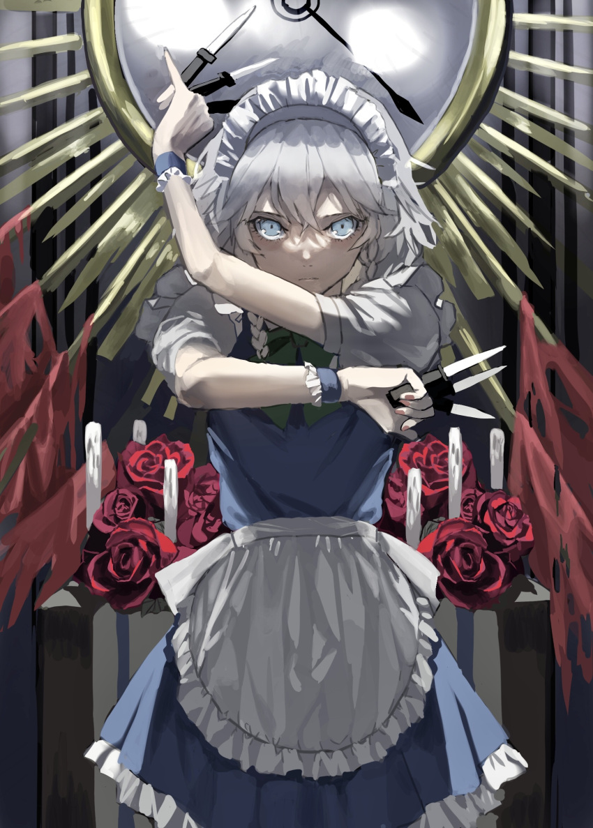1girl apron between_fingers blue_eyes blue_skirt blue_vest bow braid candle clock closed_mouth cowboy_shot dress flower frilled_skirt frills green_ribbon hair_between_eyes hair_bow highres holding holding_knife izayoi_sakuya knife looking_at_viewer maid maid_headdress nanasuou red_flower red_rose ribbon rose serious short_hair silver_hair skirt skirt_set solo touhou twin_braids vest waist_apron white_apron