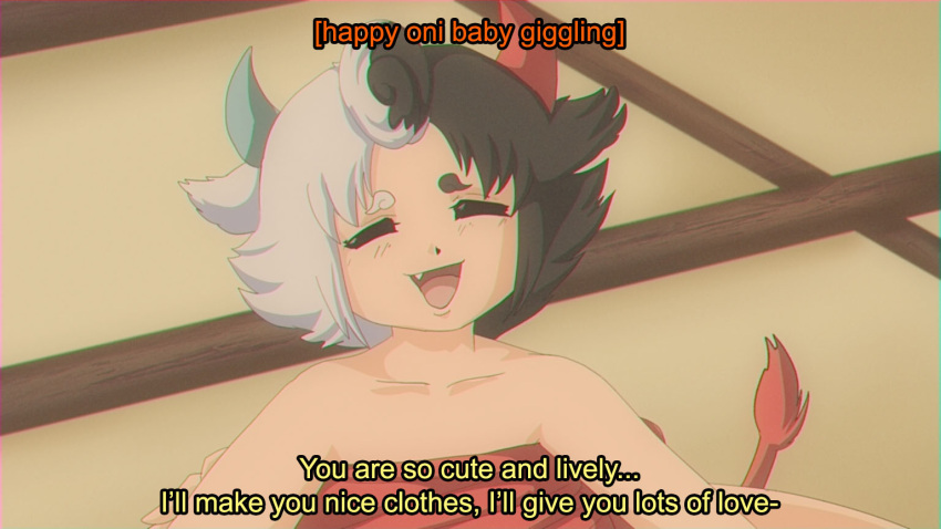 1990s_(style) 1girl baby black_hair closed_eyes colored_text commentary_request cow_horns english_commentary english_text fang grey_hair grey_horns holding_baby horns mother_and_child multicolored_hair open_mouth original red_horns retro_artstyle split-color_hair step_arts touhou two-tone_hair ushizaki_urumi