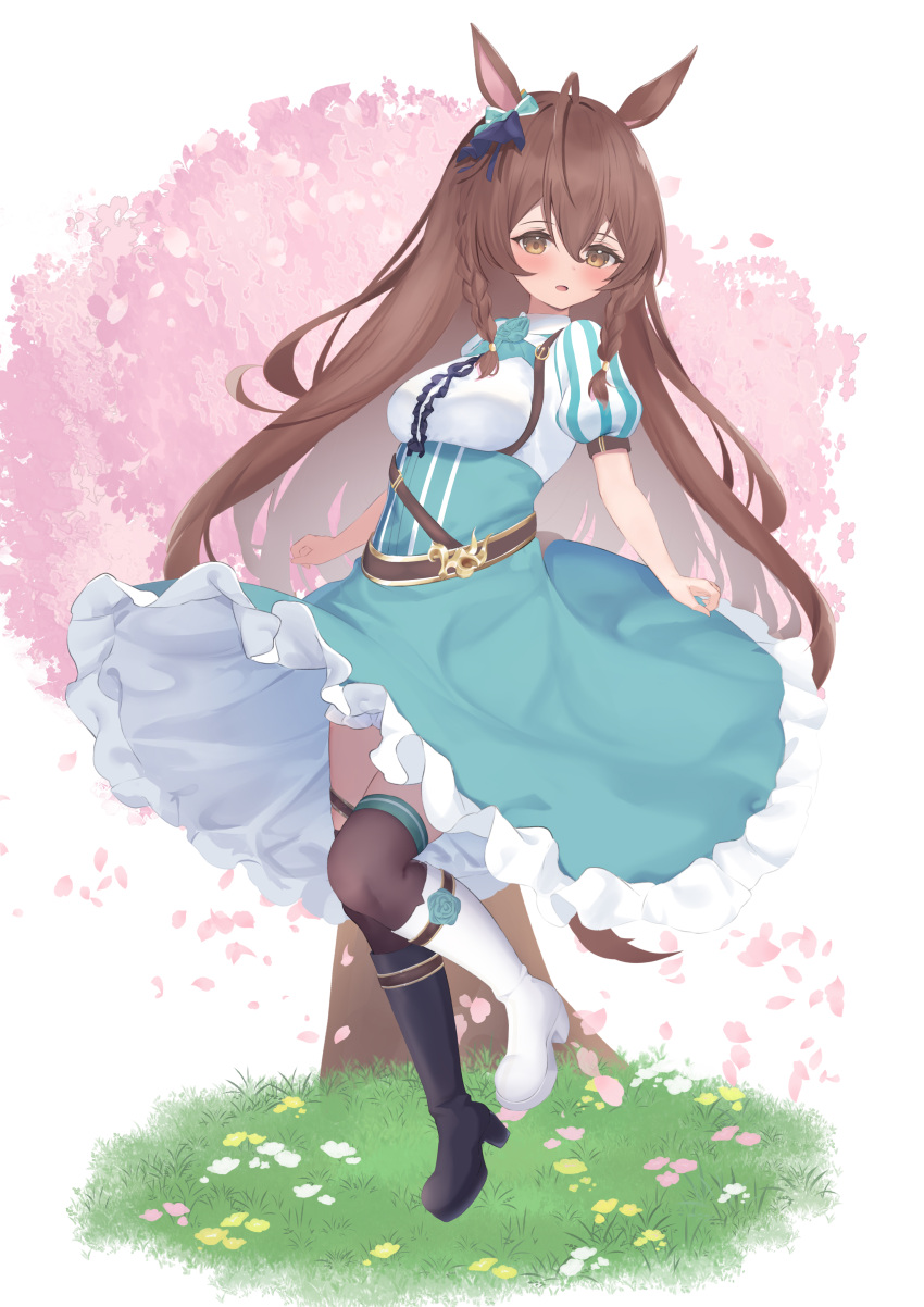 1girl :d absurdres ahoge animal_ears black_footwear blue_flower blue_rose blue_skirt blush boots braid breasts brown_eyes brown_hair brown_legwear commentary_request flower frilled_skirt frills full_body grass highres horse_ears horse_girl horse_tail knee_boots long_hair medium_breasts mejiro_bright_(umamusume) petals pink_flower puffy_short_sleeves puffy_sleeves roido_(taniko-t-1218) rose shirt short_sleeves simple_background skirt smile solo standing standing_on_one_leg tail thigh-highs thighhighs_under_boots tree umamusume very_long_hair white_background white_flower white_footwear white_shirt yellow_flower