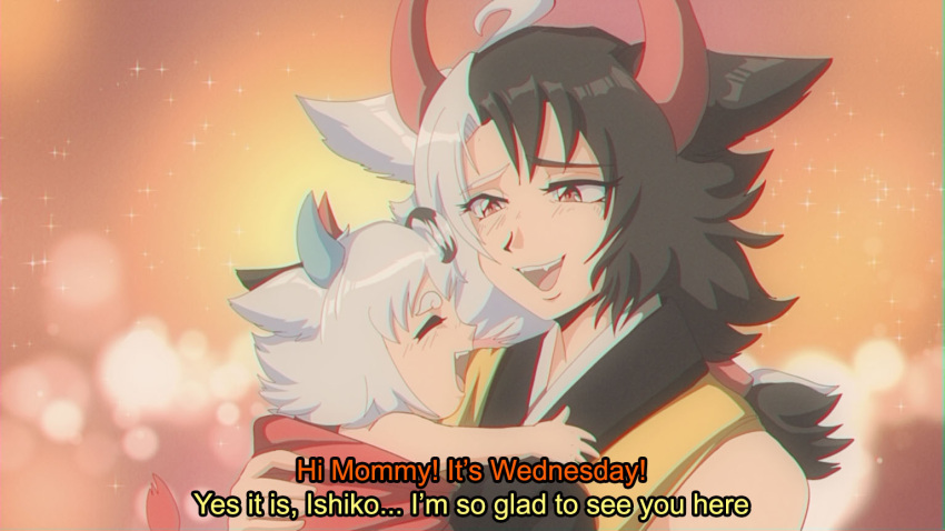1990s_(style) 1girl ahoge animal_ears animal_print baby black_hair bound bound_wrists closed_eyes colored_text commentary_request cow_ears cow_horns cow_print english_commentary english_text evolution fang grey_hair haori holding_baby horns japanese_clothes mother_and_child multicolored_hair off_shoulder open_mouth original red_horns retro_artstyle split-color_hair step_arts touhou two-tone_hair ushizaki_urumi