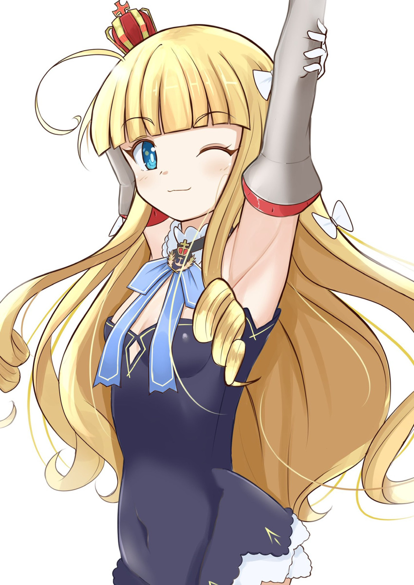 1girl armpits arms_up azur_lane bangs blonde_hair blue_eyes blunt_bangs breasts buri-chan_(britishpine1989) covered_navel crown detached_sleeves drill_hair eyebrows_visible_through_hair highres long_hair looking_at_viewer mini_crown queen_elizabeth_(azur_lane) simple_background small_breasts smile white_background