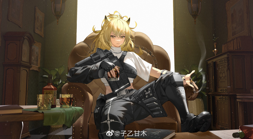 1girl absurdres alcohol animal_ear_fluff animal_ears arknights armchair artist_name asymmetrical_clothes backlighting belt black_gloves black_nails black_pants blonde_hair book breasts ceiling_light chair cigar clock closed_mouth cup fingerless_gloves gloves grandfather_clock highres holding holding_cup indoors large_breasts leg_up lion_ears long_hair long_sleeves looking_at_viewer nail_polish official_alternate_costume painting_(object) pants plant ponytail potted_plant shelf shirt short_sleeves siege_(arknights) siege_(city_destroyer)_(arknights) single_glove sitting smoke solo table weibo_username whiskey white_shirt window yellow_eyes ziyiganmu