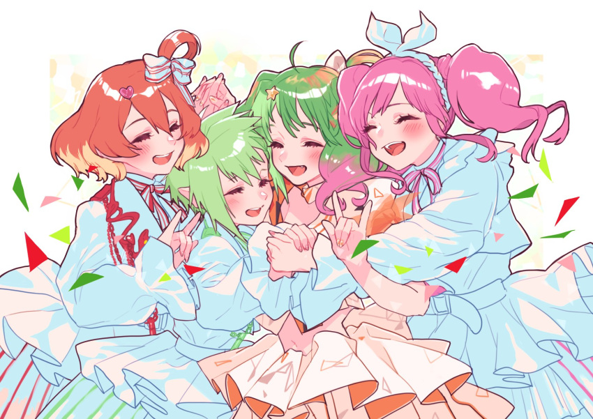 4girls \m/ ^_^ bangs blonde_hair blue_dress closed_eyes colored_tips dress fang freyja_wion green_hair hair_behind_ear hair_ornament hair_ribbon heart heart_hair_ornament highres hug macross macross_delta macross_frontier makina_nakajima multicolored_hair multiple_girls orange_dress orange_hair pink_hair pointy_ears ranka_lee reina_prowler ribbon sechi_(stst1850) short_hair short_sidetail smile twintails