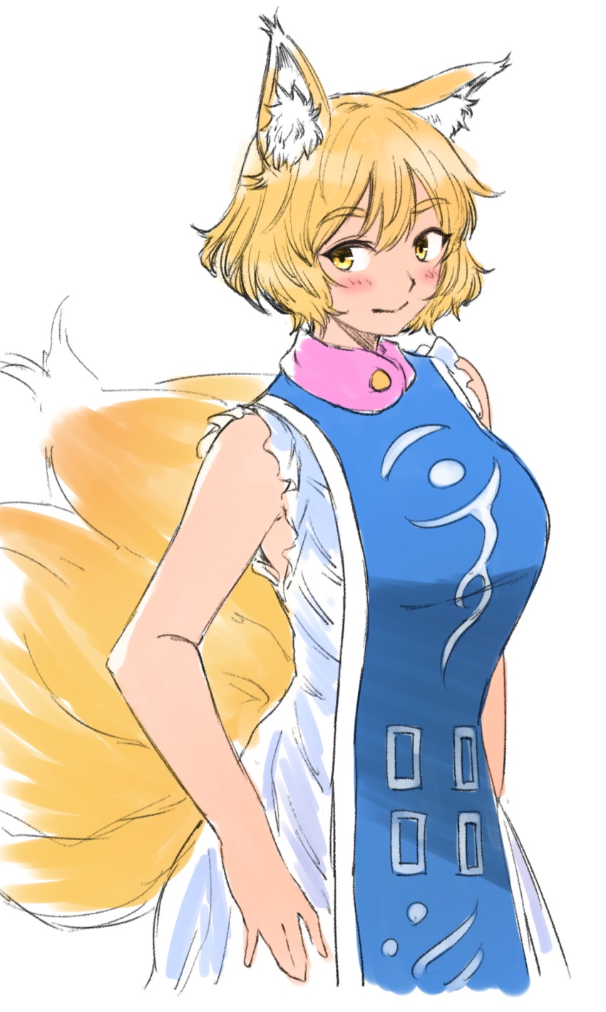 1girl absurdres adapted_costume animal_ear_fluff animal_ears bangs bare_arms bare_shoulders blonde_hair blush breasts dress eyebrows_visible_through_hair fox_ears fox_tail highres large_breasts light_smile looking_to_the_side multiple_tails no_hat no_headwear sen_(daydream_53) short_hair simple_background sleeveless solo tabard tail touhou white_background white_dress yakumo_ran yellow_eyes