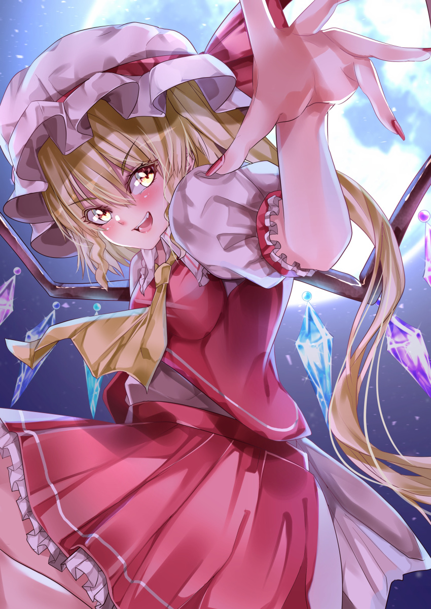 1girl absurdres ascot blonde_hair breasts collared_shirt commentary_request cowboy_shot crystal eyebrows_visible_through_hair flandre_scarlet frilled_shirt_collar frilled_skirt frilled_sleeves frills from_side hat hat_ribbon highres looking_at_viewer looking_to_the_side maboroshi_mochi mob_cap moon nail_polish orange_eyes outdoors puffy_short_sleeves puffy_sleeves red_nails red_ribbon red_skirt ribbon shirt short_sleeves skirt skirt_set small_breasts solo touhou v-shaped_eyebrows white_headwear white_shirt wings yellow_ascot