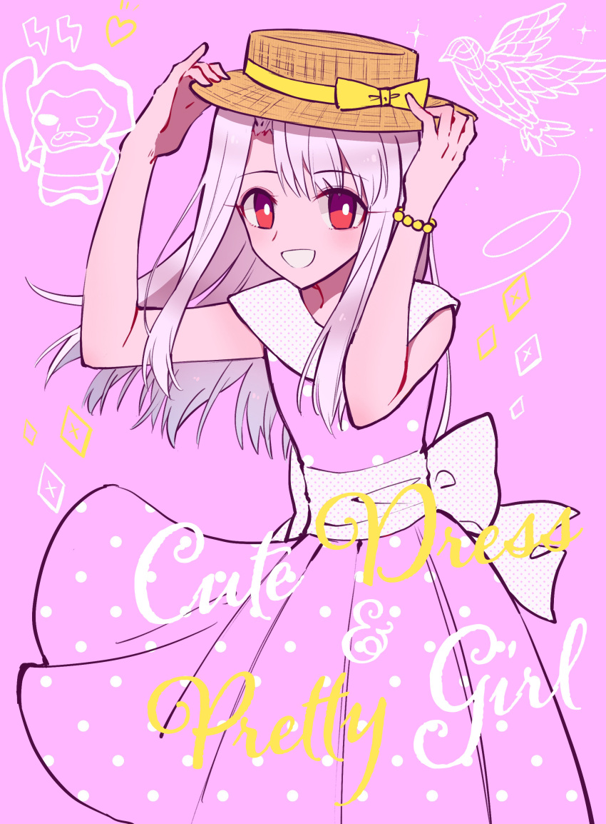 1girl :d absurdres bangs bare_arms bow bracelet dress eyebrows_visible_through_hair eyelashes fate/stay_night fate_(series) floating_hair hair_between_eyes hat hat_bow hat_ribbon heracles_(fate) highres illyasviel_von_einzbern jewelry long_hair nayu_tundora pink_background pink_dress pleated_dress polka_dot polka_dot_dress red_eyes ribbon silver_hair sleeveless sleeveless_dress smile solo standing straight_hair sun_hat title yellow_bow yellow_ribbon