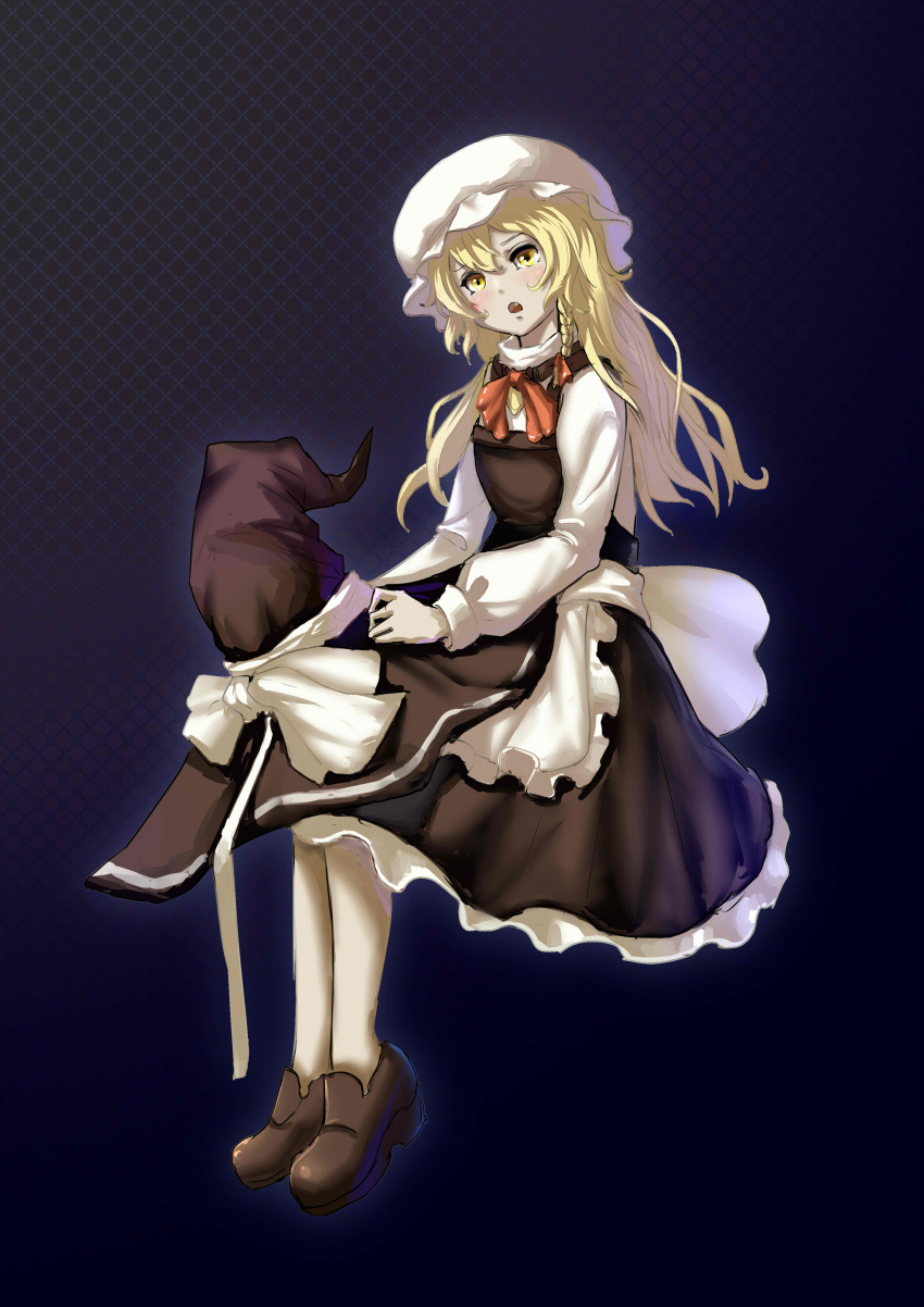 1girl absurdres alternate_headwear apron blonde_hair bloody_cuke blush bow full_body hat highres kirisame_marisa long_hair long_sleeves mob_cap open_mouth outer_glow shoes simple_background sitting solo touhou waist_apron white_legwear witch_hat yellow_eyes