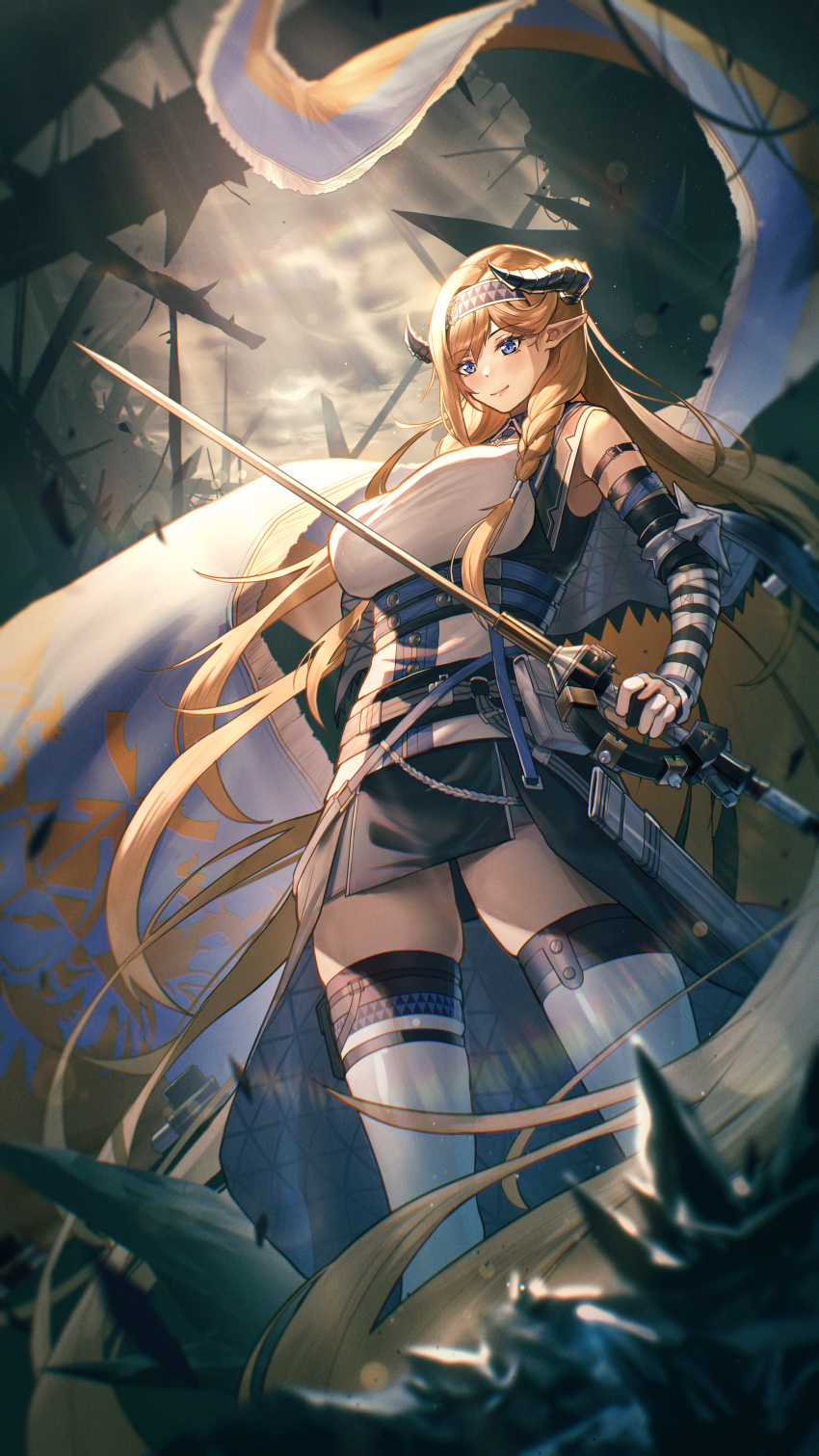 1girl absurdly_long_hair absurdres arknights bare_shoulders black_skirt blonde_hair blue_eyes blue_hairband breasts commentary elbow_gloves flag gloves hairband highres holding holding_sword holding_weapon horns large_breasts long_hair mazel_(mazel_star) miniskirt saileach_(arknights) shirt skirt solo standing sword thigh-highs very_long_hair weapon white_legwear white_shirt zettai_ryouiki