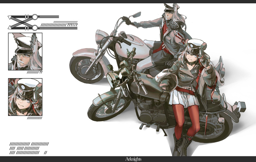 1boy 1girl absurdres alternate_costume arknights beard boots brown_hair facial_hair gloves grey_hair ground_vehicle hair_strand hand_in_own_hair hat head_wings hellagur_(arknights) highres jacket looking_at_viewer motor_vehicle motorcycle oaza one_eye_covered open_clothes open_jacket pantyhose red_legwear serious sitting skirt zima_(arknights)