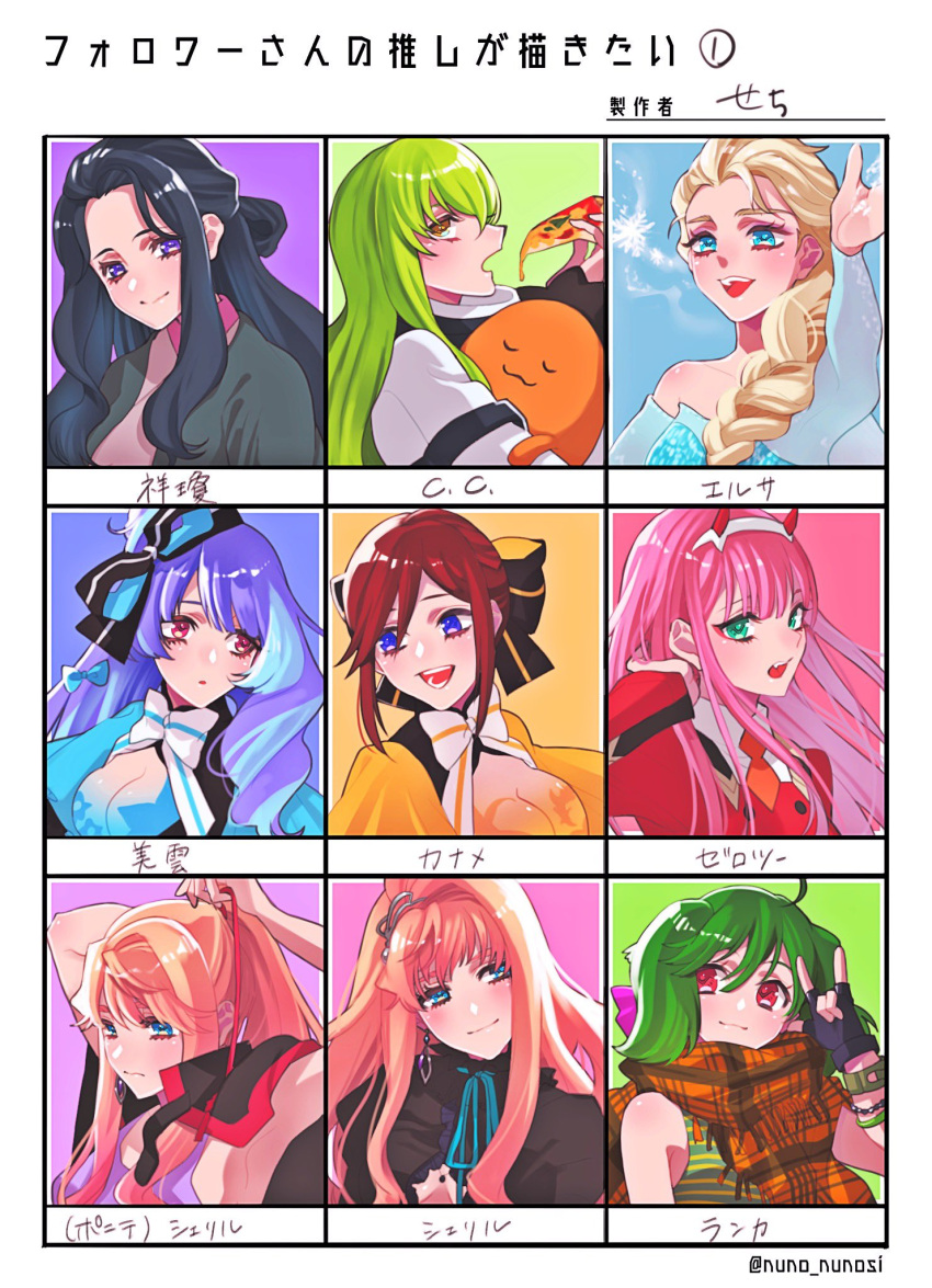 6+girls \m/ bangs black_hair black_jacket black_shirt blonde_hair blue_dress blue_eyes bow c.c. character_name character_request code_geass cosplay darling_in_the_franxx dress elsa_(frozen) fingerless_gloves followers_favorite_challenge food frozen_(disney) gloves green_hair hair_behind_ear highres holding holding_food horns jacket kaname_buccaneer looking_down macross macross_7 macross_delta macross_frontier mikumo_guynemer multiple_girls nekki_basara nekki_basara_(cosplay) orange_scarf pink_hair pizza ponytail ranka_lee redhead scarf sechi_(stst1850) sheryl_nome shirt smile violet_eyes yellow_dress zero_two_(darling_in_the_franxx)