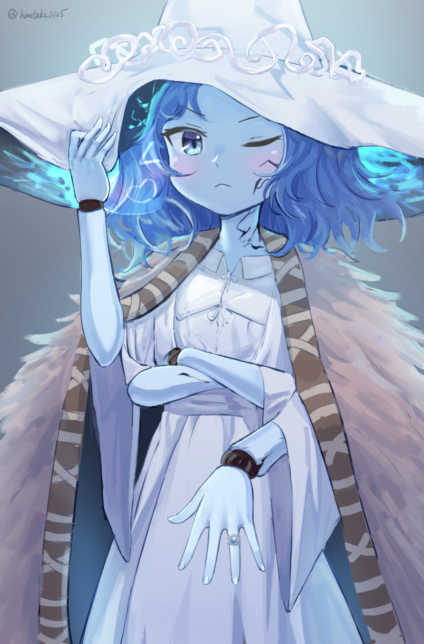 1girl blue_hair blue_skin blush cloak colored_skin cowboy_shot cracked_skin crossed_arms doll_joints dress elden_ring extra_arms frown fur_cloak hat hat_ornament highres hirotaka0125 jewelry joints large_hat looking_at_viewer medium_hair one_eye_closed ranni_the_witch ring solo white_dress wide_sleeves witch witch_hat wreath