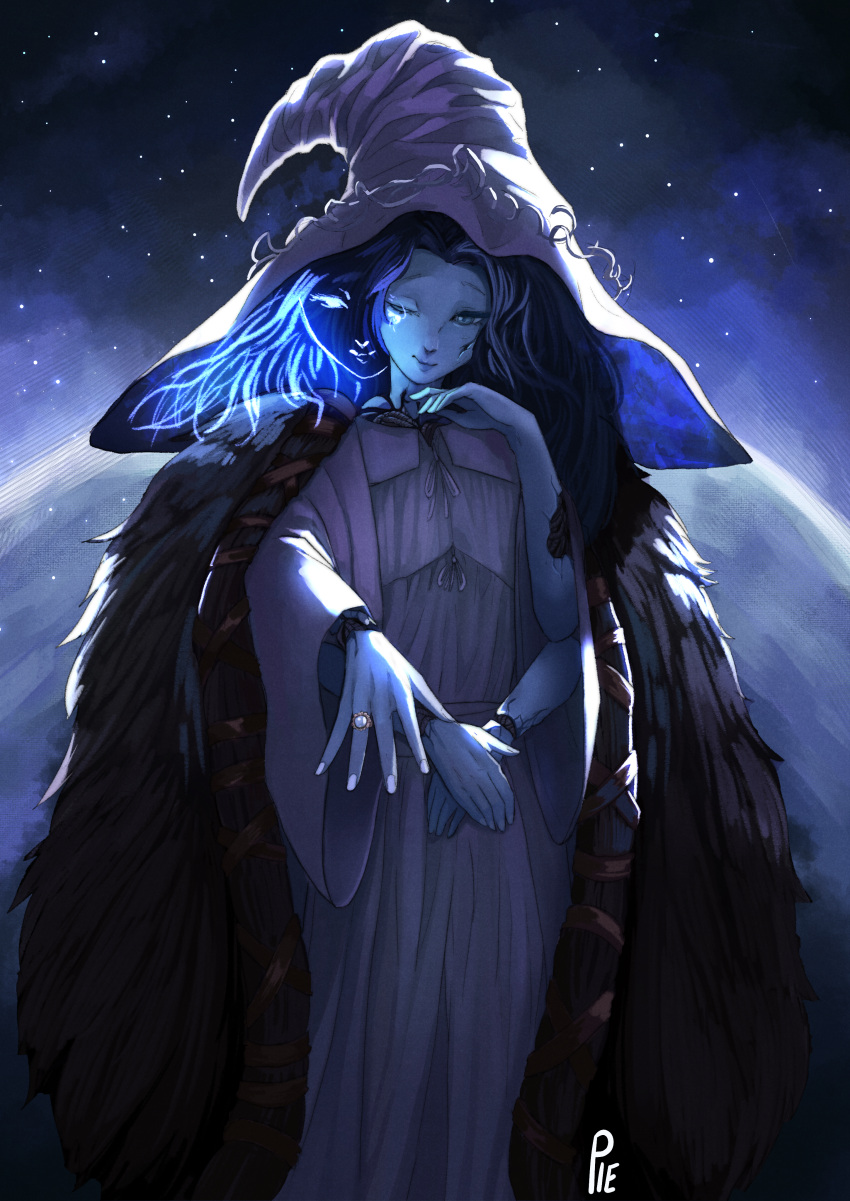1girl absurdres blue_hair blue_skin cloak closed_mouth colored_skin dress elden_ring extra_arms extra_faces full_moon fur_cloak hat highres jewelry long_dress long_hair long_sleeves looking_at_viewer moon one_eye_closed ranni_the_witch reaching_out ring sky smile solo spoilers star_(sky) starry_sky unusualpie white_dress wide_sleeves witch_hat