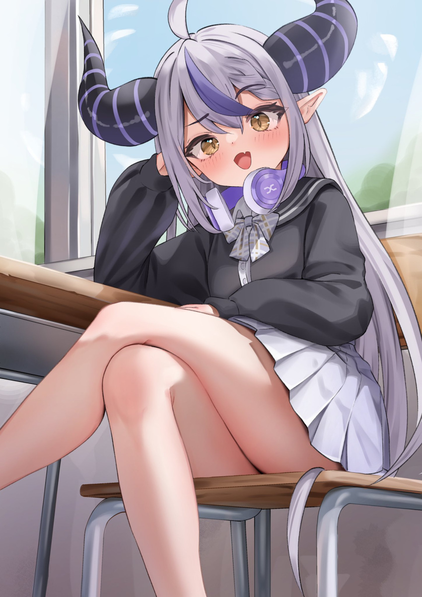 1girl :d ahoge bangs bare_legs black_sailor_collar black_shirt blush bow bowtie chair crossed_legs demon_horns desk eyebrows_visible_through_hair fang feet_out_of_frame grey_skirt headphones headphones_around_neck highres hololive horns indoors la+_darknesss long_hair long_sleeves looking_at_viewer multicolored_hair one_eye_closed plaid plaid_bow plaid_bowtie pleated_skirt pointy_ears puffy_long_sleeves puffy_sleeves purple_hair sailor_collar school_chair school_desk school_uniform shirt silver_hair sitting skin_fang skirt smile solo streaked_hair taro._(tataroro_1) very_long_hair virtual_youtuber yellow_eyes