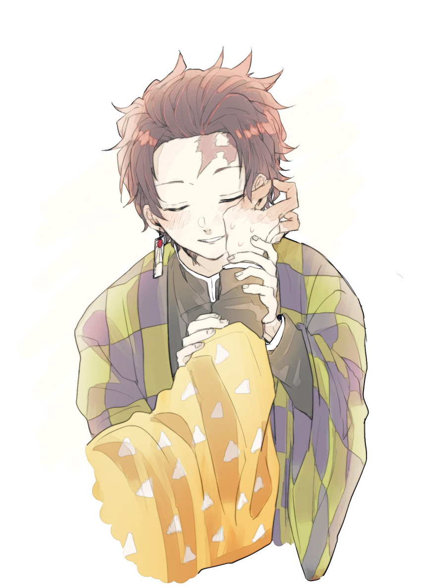 2boys agatsuma_zenitsu brown_hair checkered_haori checkered_obi closed_eyes earrings hanafuda hand_on_another's_cheek hand_on_another's_face haori highres holding_another's_wrist japanese_clothes jewelry kamado_tanjirou kimetsu_no_yaiba male_focus multiple_boys scar scar_on_face scar_on_forehead simple_background smile solo_focus tanuki_happa triangle_print