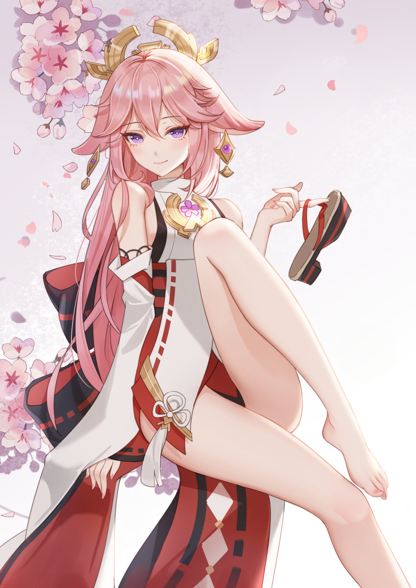 1girl absurdres animal_ears bare_legs bare_shoulders barefoot cherry_blossoms commentary_request daidai_(318706698) detached_sleeves earrings foot_out_of_frame fox_ears genshin_impact highres holding holding_clothes holding_footwear jewelry knee_up long_hair long_sleeves nontraditional_miko petals pink_hair sandals shirt sleeveless sleeveless_shirt solo thighs very_long_hair violet_eyes white_shirt wide_sleeves yae_miko
