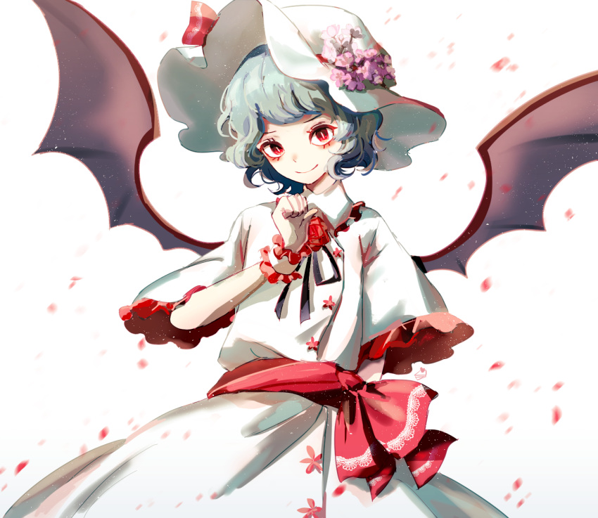 1girl adapted_costume alternate_headwear bat_wings black_ribbon blue_hair bow cake_mogo closed_mouth dress english_commentary flower frilled_shirt frilled_shirt_collar frilled_sleeves frills hat hat_flower hat_ribbon highres lace looking_at_viewer neck_ribbon petals pink_dress pink_flower puffy_short_sleeves puffy_sleeves red_bow red_eyes remilia_scarlet ribbon ribbon_trim shirt short_hair short_sleeves simple_background skirt smile solo touhou white_background white_headwear wide_sleeves wings wrist_cuffs