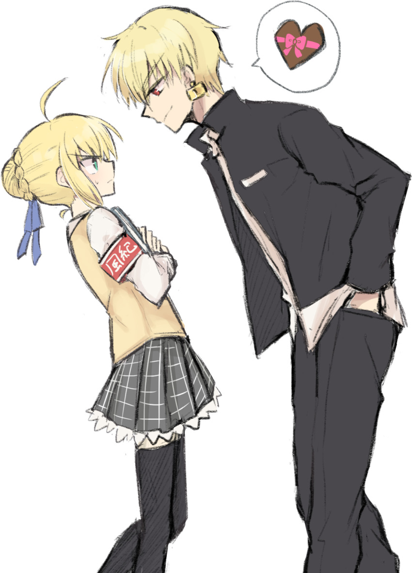 1boy 1girl ahoge armband artoria_pendragon_(fate) black_jacket black_legwear black_pants blonde_hair blue_ribbon braid braided_bun closed_eyes closed_mouth crown earrings eye_contact fate/stay_night fate_(series) from_side gilgamesh_(fate) green_eyes grey_skirt hair_ribbon hand_in_pocket hetero highres jacket jewelry leaning_back leaning_forward looking_at_another miniskirt nayu_tundora open_clothes open_jacket pants plaid plaid_skirt pleated_skirt profile red_eyes ribbon saber school_uniform shiny shiny_hair shirt short_hair simple_background sketch skirt smile speech_bubble standing sweatdrop thigh-highs tied_hair valentine vest white_background white_shirt yellow_vest