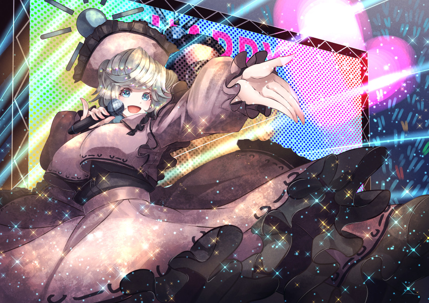 1girl absurdres aonori00 blue_eyes breasts glowstick hat highres holding holding_microphone idol large_breasts merlin_prismriver microphone music open_mouth singing smile solo stage stage_lights touhou