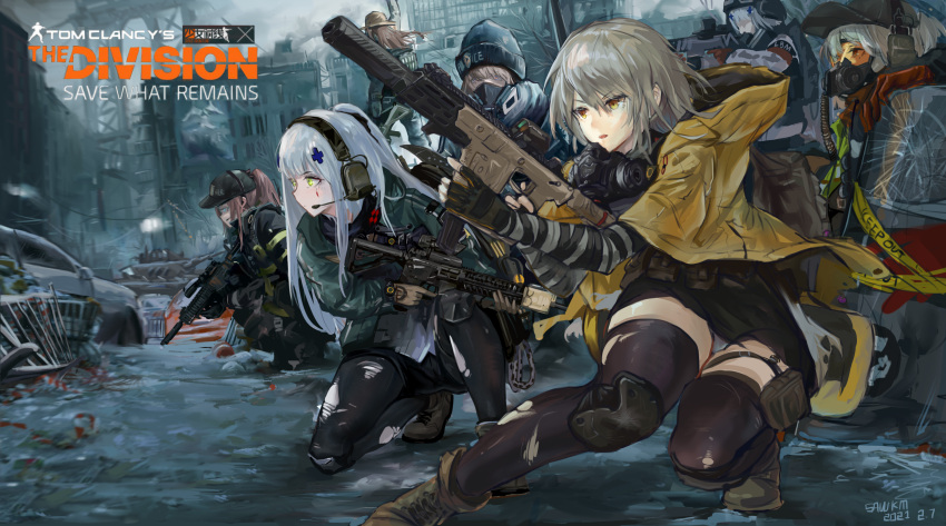 6+girls absurdres agent_416_(girls'_frontline) agent_vector_(girls'_frontline) assault_rifle baseball_cap commentary_request crossover english_text gas_mask girls_frontline gun h&amp;k_hk416 hat highres hk416_(fang)_(girls'_frontline) hk416_(girls'_frontline) kriss_vector last_man_battalion mask multiple_girls respirator rifle riot_shield sawkm shield shotgun st_ar-15_(girls'_frontline) submachine_gun tactical_clothes tom_clancy's_the_division torn_clothes torn_legwear tube vector_(girls'_frontline) vector_(hellfire)_(girls'_frontline) weapon
