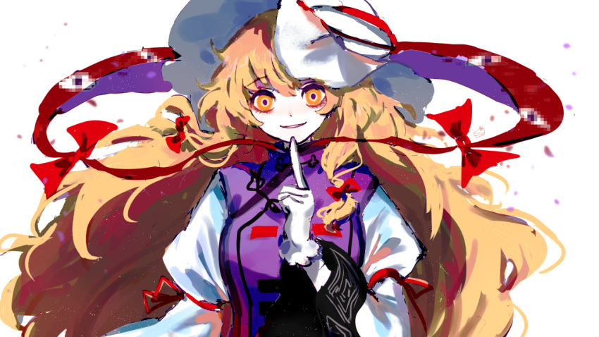1girl bangs blonde_hair bow breasts cake_mogo censored closed_mouth dress english_commentary eyebrows_visible_through_hair finger_to_mouth gap_(touhou) gloves hair_between_eyes hair_bow hand_up hat hat_bow hat_ribbon index_finger_raised juliet_sleeves long_hair long_sleeves looking_at_viewer medium_breasts mob_cap mosaic_censoring orange_eyes pointing puffy_sleeves purple_tabard purple_vest red_bow red_ribbon ribbon simple_background smile solo tabard teeth touhou upper_body vest white_background white_dress white_gloves white_headwear wide_sleeves yakumo_yukari
