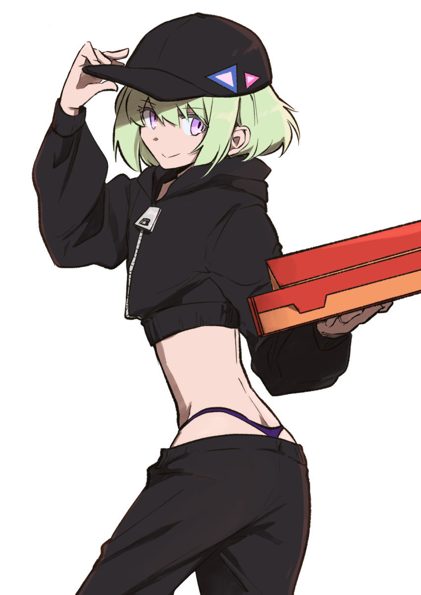 1boy adjusting_clothes adjusting_headwear androgynous aus_vaka black_headwear black_pants crossdressing eyebrows_visible_through_hair food green_hair grey_background hat highres holding holding_food holding_pizza hood hood_down lio_fotia looking_at_viewer male_focus midriff otoko_no_ko panties pants pizza pizza_box pizza_delivery promare purple_panties short_hair simple_background smile underwear violet_eyes whale_tail_(clothing) zipper