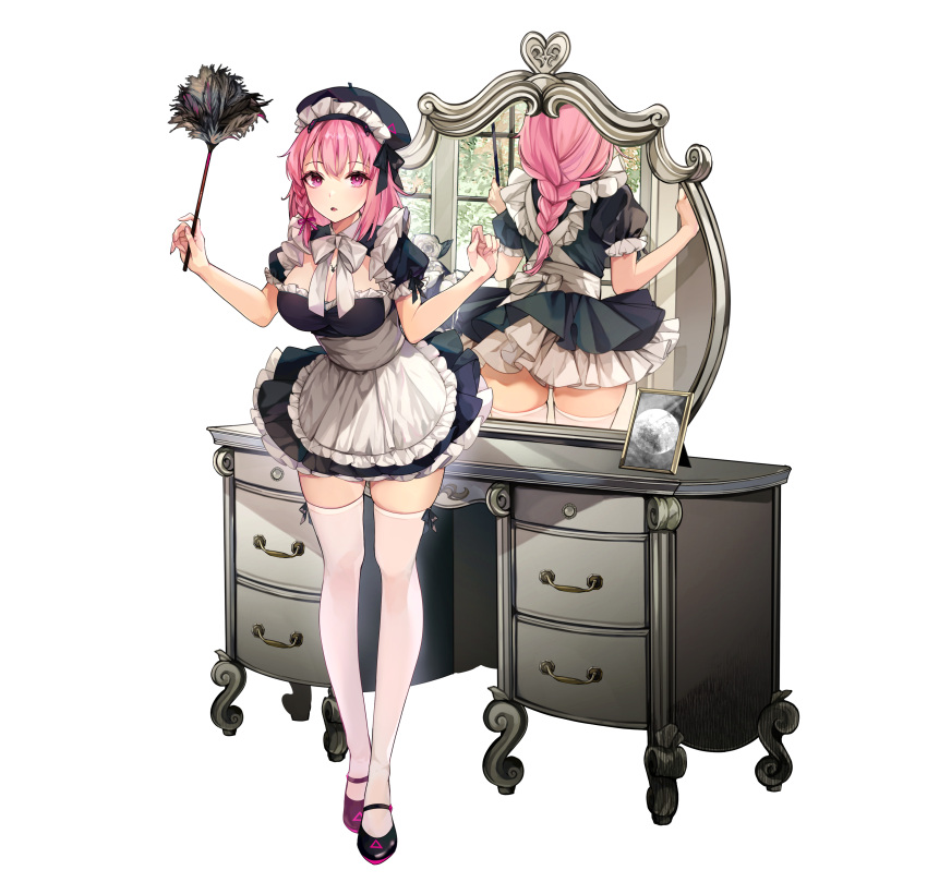 1girl absurdres apron ayla_(punishing:_gray_raven) braid breasts dress frills full_body hair_ribbon hands_up hat highres hutuu_(1121) large_breasts long_hair looking_at_viewer maid maid_apron mirror neck_ribbon open_mouth pink_eyes pink_hair punishing:_gray_raven reflection ribbon shoes short_sleeves simple_background solo standing thigh-highs vanity_table white_background white_legwear