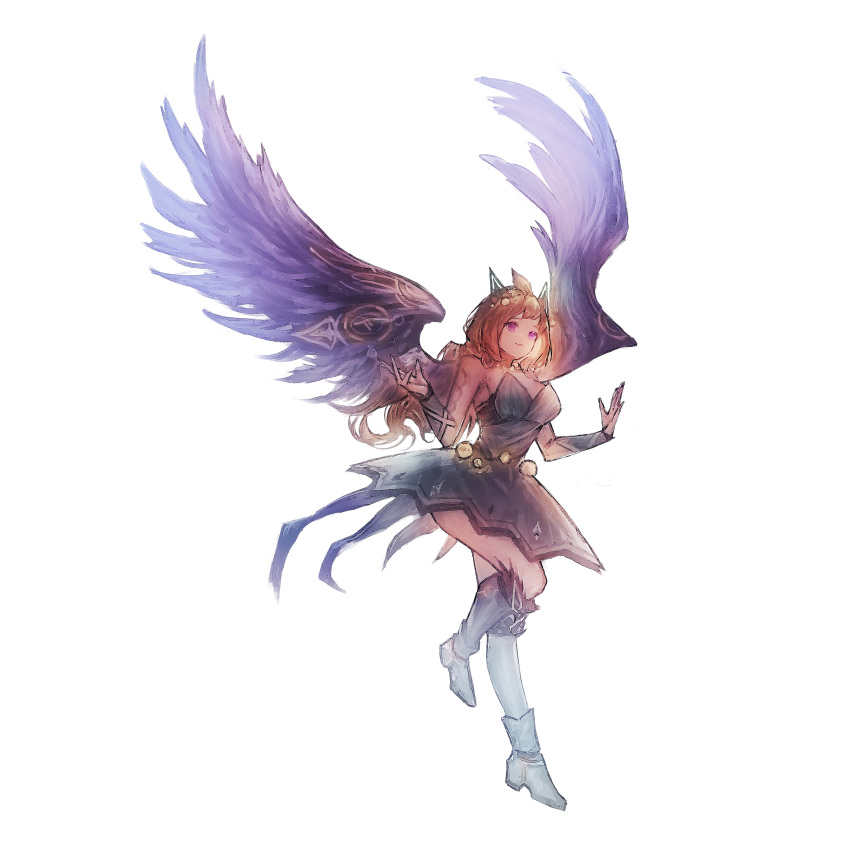 1girl absurdres alternate_color alternate_hair_color bare_shoulders boots breasts brown_hair chinese_commentary dress duel_monster feathered_wings hair_ornament hands_up highres huginn_wings_of_the_mysterune large_breasts medium_hair pink_eyes realpha solo standing standing_on_one_leg vambraces white_background wings yu-gi-oh!