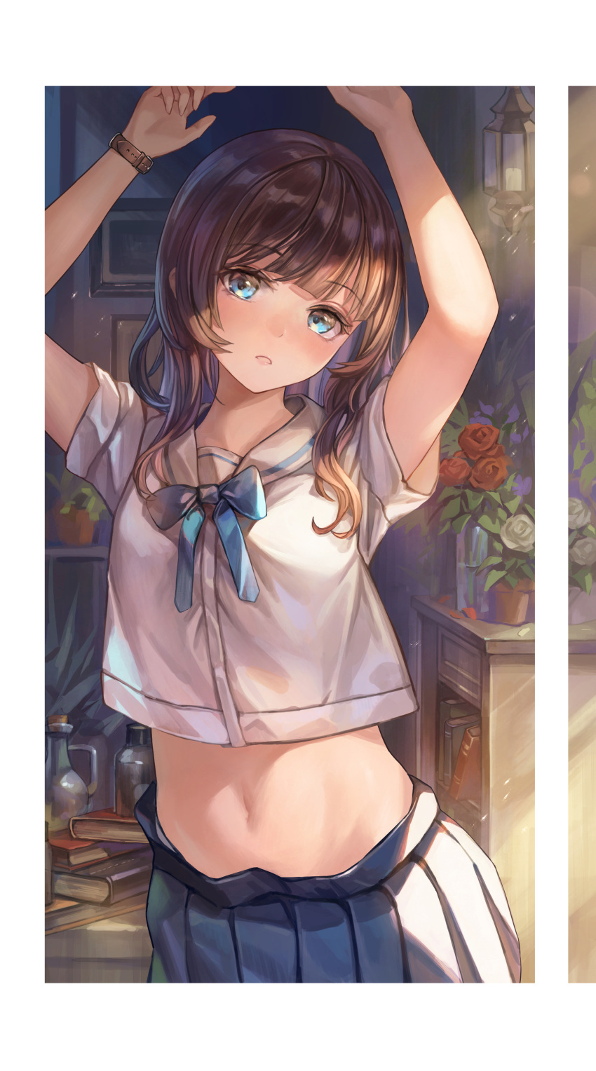 1girl absurdres arms_up bare_arms blue_eyes blue_skirt bow bowtie brown_hair collared_shirt crop_top crop_top_overhang highres long_hair looking_at_viewer midriff navel original parted_lips pleated_skirt school_uniform shirt skirt solo stomach white_shirt wristband yahiro_(heartseek000)