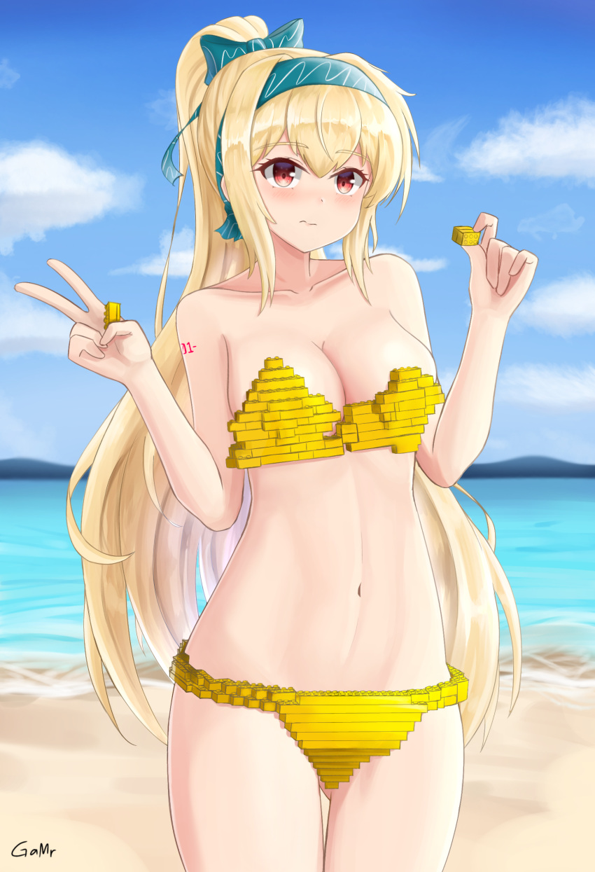 1girl beach bikini blonde_hair blush bow breasts eyebrows_visible_through_hair gamryous girls_frontline hair_bow hairband highres holding lego lego_brick long_hair looking_at_viewer ponytail red_eyes ribbon solo sv-98_(girls'_frontline) swimsuit