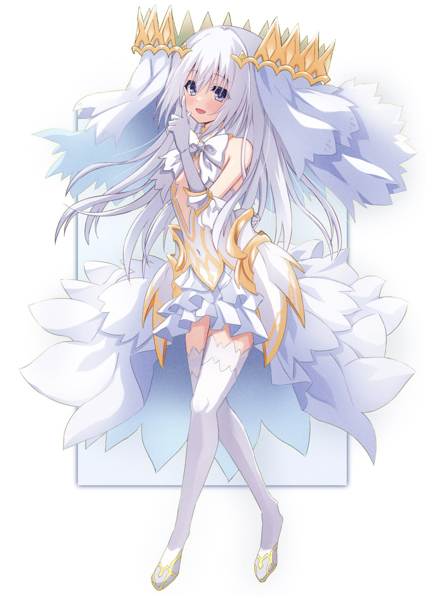 1girl :d absurdres arm_behind_back artina bare_shoulders blue_eyes blush bow bowtie center_opening commentary_request covered_navel crossed_legs crown date_a_live dress elbow_gloves finger_gun full_body gloves hand_up happy highres layered_dress long_hair looking_at_viewer silver_hair skin_tight sleeveless sleeveless_dress smile solo thigh-highs thumb_to_mouth tobiichi_origami veil very_long_hair white_bow white_bowtie white_dress white_gloves white_legwear