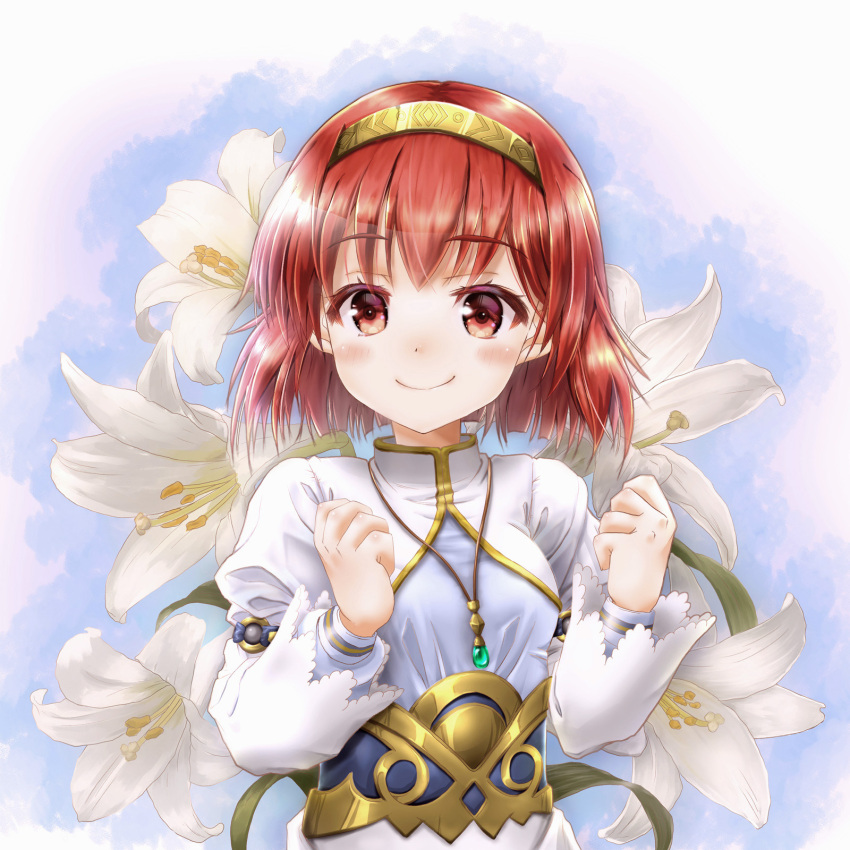 1girl bangs blush clenched_hands dress eyebrows_visible_through_hair fire_emblem fire_emblem:_mystery_of_the_emblem fire_emblem:_shadow_dragon_and_the_blade_of_light flower gold_hairband highres jewelry long_sleeves looking_at_viewer maria_(fire_emblem) necklace red_eyes redhead short_hair smile tomonx upper_body white_dress