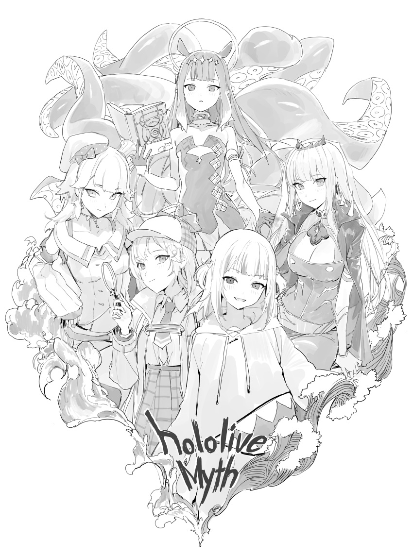 5girls absurdres bangs chef_hat coat collared_shirt deerstalker detached_sleeves dress english_text gawr_gura gloves greyscale hair_ornament halo hat highres hololive hololive_english holomyth hood hoodie long_hair long_sleeves magnifying_glass modare monochrome monocle_hair_ornament mori_calliope multiple_girls necktie ninomae_ina'nis shirt short_twintails sketch takanashi_kiara tentacle_hair tentacles tiara twintails veil virtual_youtuber watson_amelia