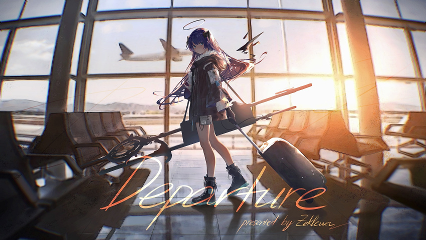 1girl absurdres aircraft airplane airport arknights artist_name black_jacket blue_eyes blue_hair demon_horns detached_wings english_text fur_trim gloves halo highres horns jacket long_hair long_sleeves looking_at_viewer mostima_(arknights) open_clothes shirt suitcase white_shirt wings zeklewaaa