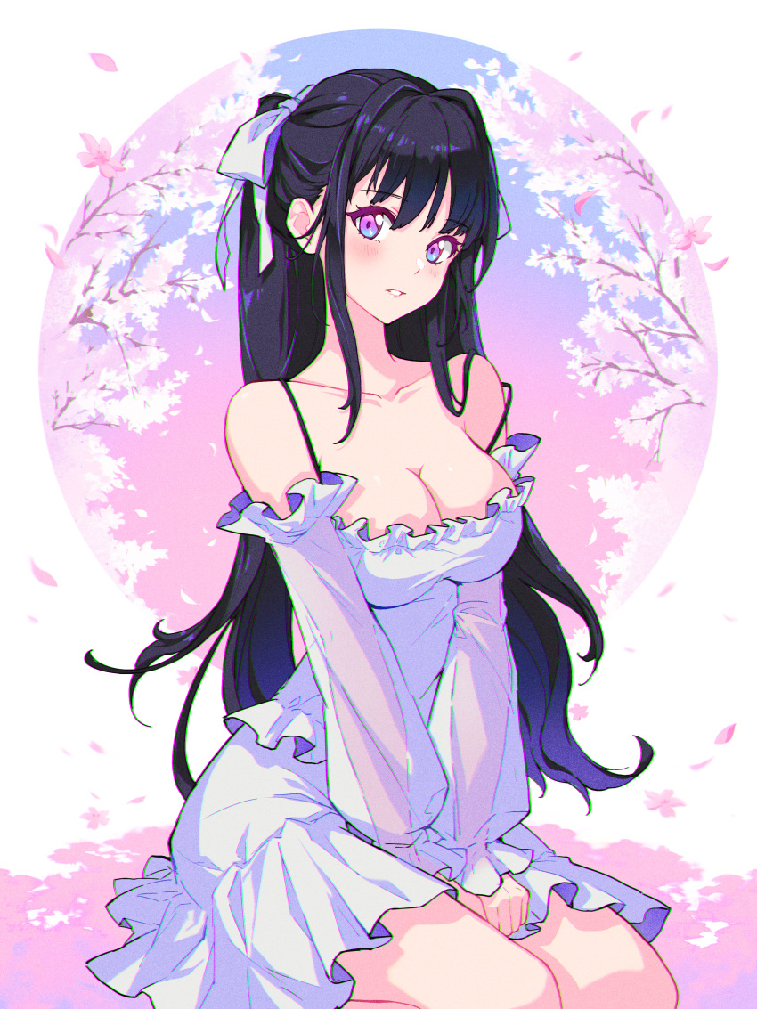 1girl absurdres arms_between_legs bangs cherry_blossoms dark_blue_hair detached_sleeves dress frills hair_ribbon highres long_hair looking_at_viewer minj_kim open_mouth original parted_lips petals puffy_sleeves ribbon see-through see-through_sleeves seiza sidelocks sitting solo violet_eyes