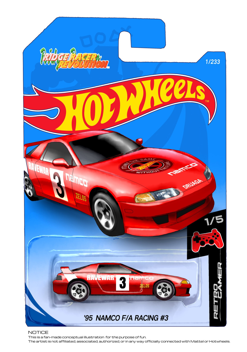 absurdres asterozoa car copyright_name english_commentary english_text ground_vehicle headlight highres hot_wheels logo motor_vehicle no_humans parody ridge_racer solo spoiler_(automobile) toy vehicle_focus white_background