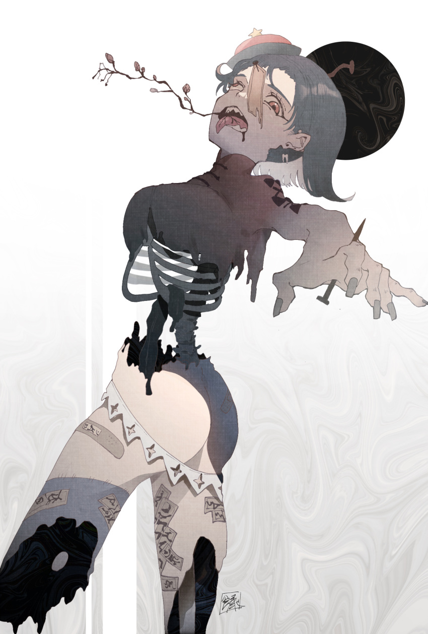 1girl amputee ass black_nails branch ear_piercing earrings foreshortening gradient gradient_background grey_background guro hat highres jewelry jiangshi miyako_yoshika open_mouth outstretched_arm piercing red_eyes ribs sharp_teeth simple_background skeleton sokura_(mochichitose) solo spine teeth tongue tongue_out tongue_piercing touhou twisted_torso white_background zombie