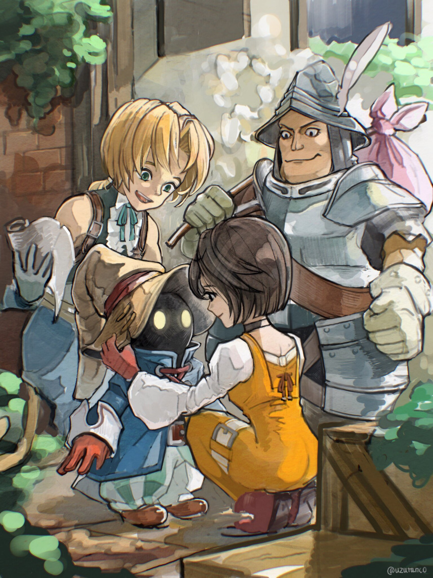 1girl adelbert_steiner armor black_hair blonde_hair bodysuit choker closed_mouth final_fantasy final_fantasy_ix full_body garnet_til_alexandros_xvii gloves hat highres multiple_boys open_mouth orange_bodysuit short_hair smile tail uzutanco vivi_ornitier wizard_hat zidane_tribal