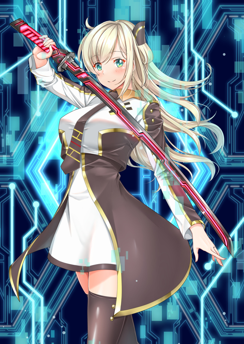 1girl ahoge bangs black_legwear blonde_hair commentary_request duel_monster full_body green_hair highres holding holding_sword holding_weapon ling_qi long_hair long_sleeves necktie simple_background sky_striker_ace_-_raye solo standing sword thigh-highs thighs weapon white_background yu-gi-oh! yuu-gi-ou zettai_ryouiki