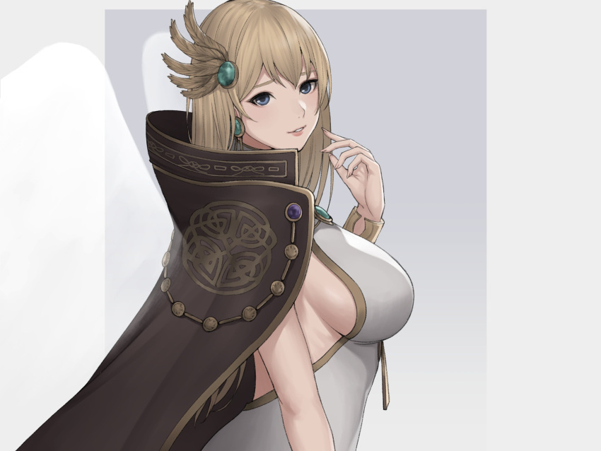 1girl bangs bare_shoulders blonde_hair blue_eyes breasts cape commentary earrings fingernails from_side gold_trim hair_ornament hand_up highres jewelry long_hair looking_at_viewer lost_ark medium_breasts nyatokanyaru parted_lips sideboob simple_background smile solo upper_body