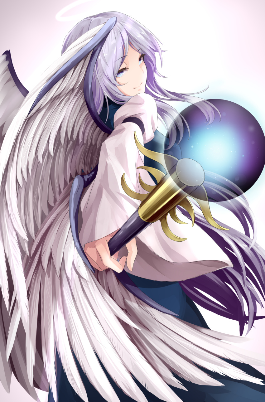 1girl absurdres angel bangs blue_dress blue_eyes blue_hair blush closed_mouth commentary_request dress feathered_wings happy highres holding holding_staff juliet_sleeves kamiya_ueshi long_hair long_sleeves multiple_wings puffy_sleeves sariel_(touhou) seraph sleeve_garter smile staff touhou touhou_(pc-98) very_long_hair white_wings wide_sleeves wings