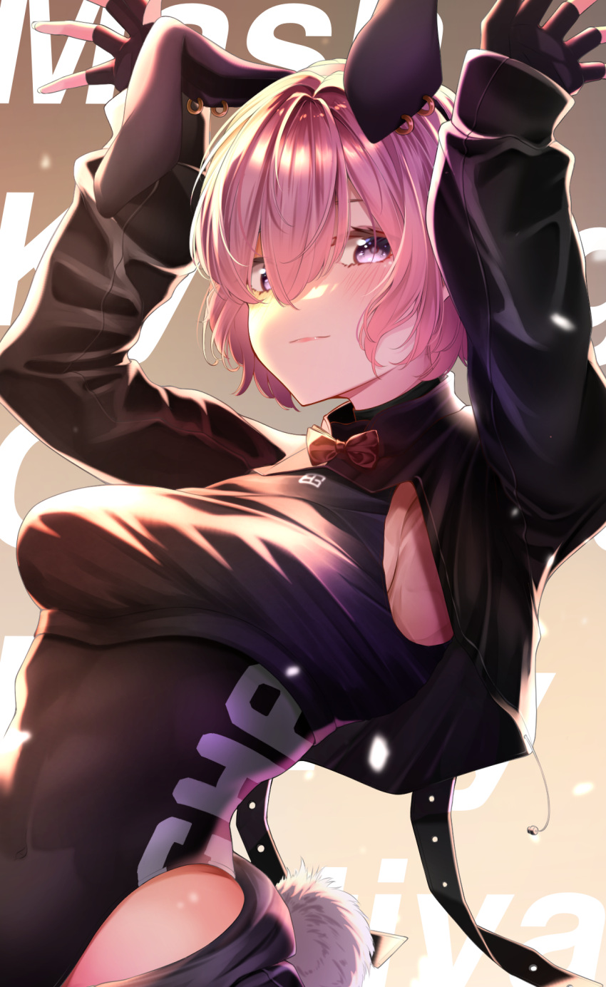 1girl animal_ears armpits arms_up background_text bangs black_gloves black_hairband black_leotard blush bow bowtie breasts brown_background brown_bow brown_bowtie bunny_pose closed_mouth covered_navel fake_animal_ears fake_tail fate/grand_order fate_(series) gloves gradient gradient_background hair_between_eyes hairband highres large_breasts leotard long_sleeves looking_at_viewer mash_kyrielight pink_hair rabbit_ears rabbit_tail short_hair solo tail tktk-tnk upper_body violet_eyes yellow_background