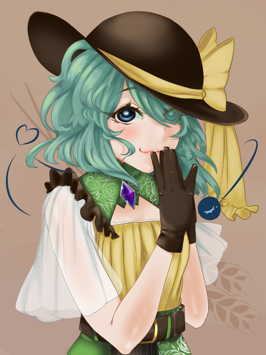 1girl \||/ adapted_costume black_gloves blush brown_background closed_mouth embellished_costume eyebrows_visible_through_hair eyes_visible_through_hair gloves green_hair hair_over_one_eye hands_up hat heart highres komeiji_koishi looking_at_viewer own_hands_together ribbon samaru_(cjcf2875) shirt short_hair simple_background smile solo third_eye touhou upper_body yellow_shirt